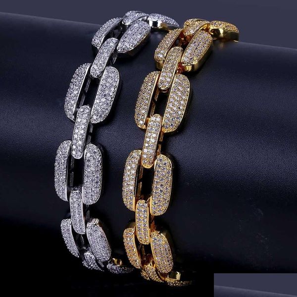 Catena in oro 18 carati Cz Cubic Zirconia Hip Hop Square Bracciale a maglie cubane per uomo 12 15Mm Bracciali Miami Curb Rapper Wristband Drop Deliv Dho1M