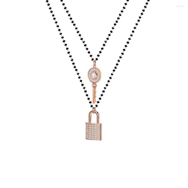 Collane con ciondolo Cubic Zirconia Key Lucchetto Collana girocollo per donna Perline di cristallo nero Catena Gioielli da donna Collier Femme Dropship