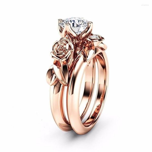 Cluster Ringe Rose Gold Blume Kristall Zweiteiliger Ring Elegantes Temperament Weibliche Hochzeit Fabrik Großhandel