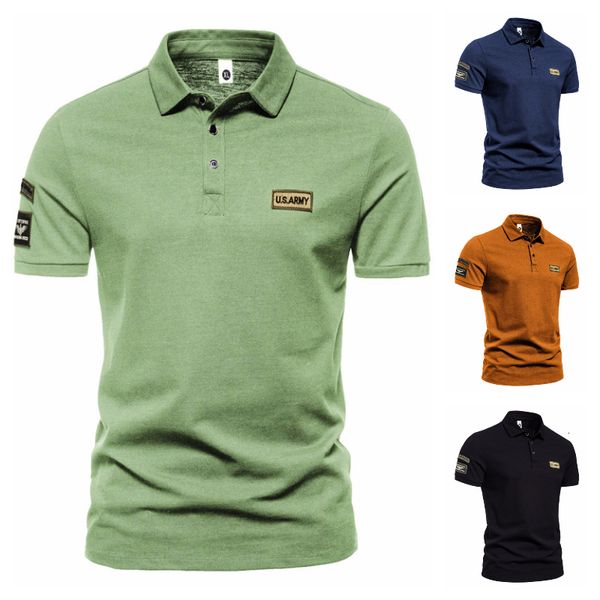 Erkek Polos Yaz Açık Mekan Askeri Tarz Kısa Kavur Tişörtlü Tişört Günlük Düğme İş Düz Renk Polo Gömlek 230607