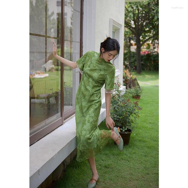 Vestuário Étnico Verão Retro Renda Bordado Fino Vestido Cheongsam Feminino Temperamento Chinês Qipao Elegante Verde Pérola Borla Festa Chique