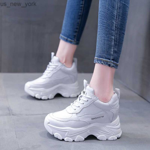 Neue Chunky Plattform Outdoor Turnschuhe Frauen Leder High Heels s Casual Schuhe Frau weiß Höhe Zunehmende Schuh Mujer L230518