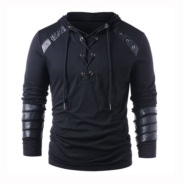 2022 Black Lace Up Hooded Medieval Renaissance Pirate Cosplay Steampunk Shirt Gothic Clothes Vintage Men Top Victorian