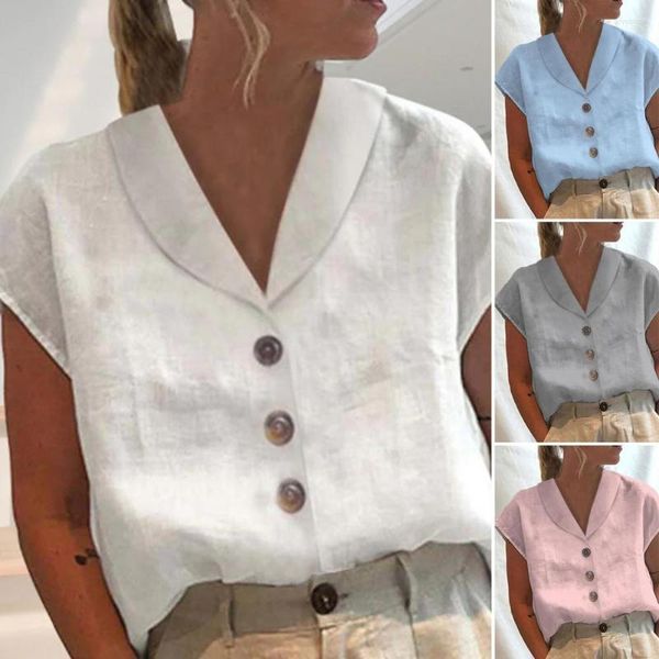 Blusas Femininas Retrô Top Algodão Blusa Feminina Verão Botões Irregulares Lapela Gola Camisa Túnica Chique Moda Blusas Brancas