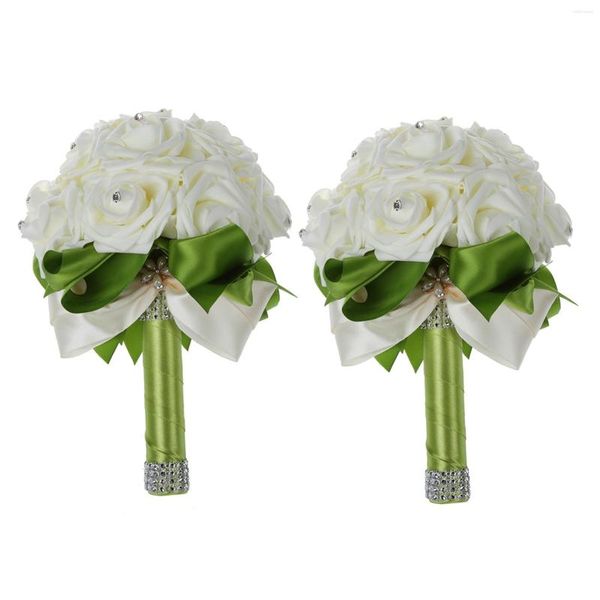 Dekoratif çiçekler 2x güzel düğün buket gelin nedime çiçek yapay gül beyaz buketler-yeşil kurdele
