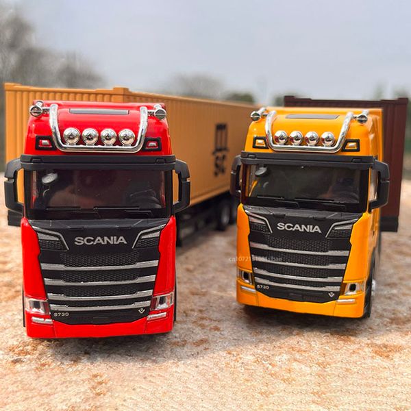 Modelo Diecast 1 50 Scale Truck Toys S730 Tractor With Container SemiTrailer Pull Back Sound Lights For Children Boys Gifts 230605