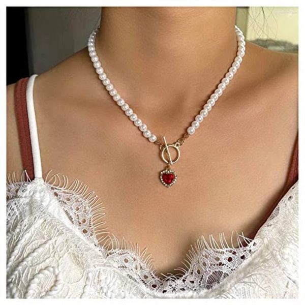 Подвесные ожерелья Boho Red Heart Coungle Chain Vintage Pearl Choker CZ Toggle Clasp Women and Girls Jewelry