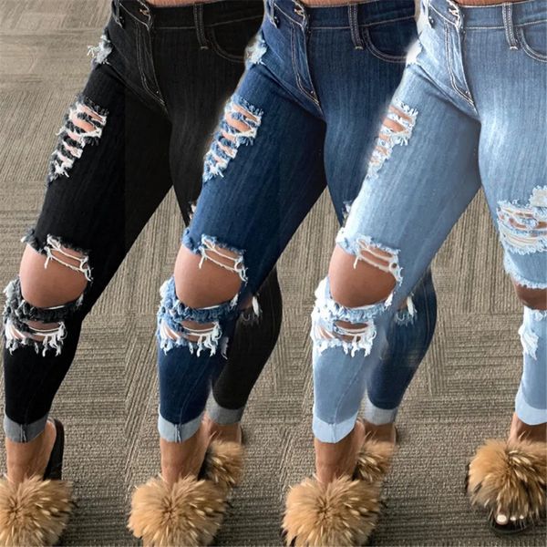 2023 Jeans strappati firmati per le donne Pantaloni a matita in denim a vita alta elasticizzati sottili alla moda Pantaloni a vita bassa alla moda Streetwear Abiti all'ingrosso all'ingrosso