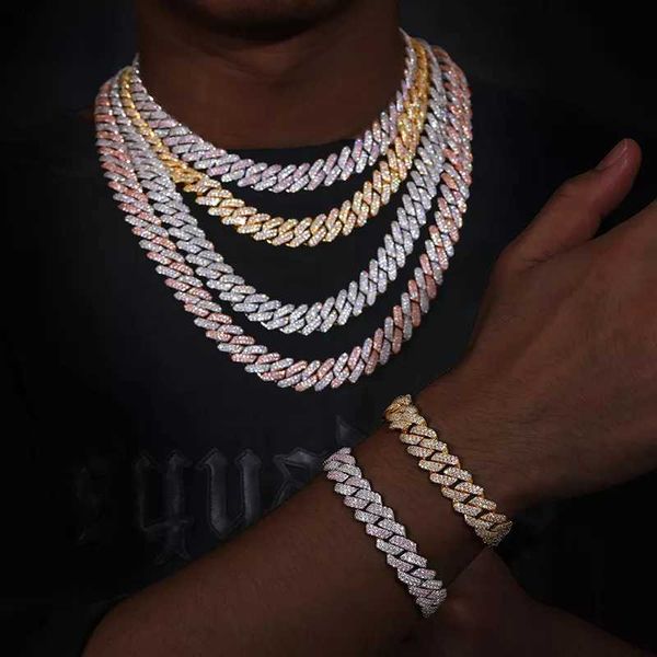 Gioielli Hip Hop 14mm 925 Sterling Silver 14 Kt Gold Vvs Moissanite Diamond Iced Out Miami Cuban Link Chain Bracciale Collana