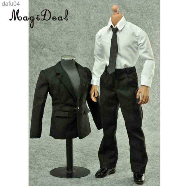 Cooler schwarzer Anzug aus Stoff im Maßstab 1:6, komplettes Set für 12 Zoll männliche Actionfigur, Körperpuppen, Kleidung, Zubehör, Spielzeug, L230522