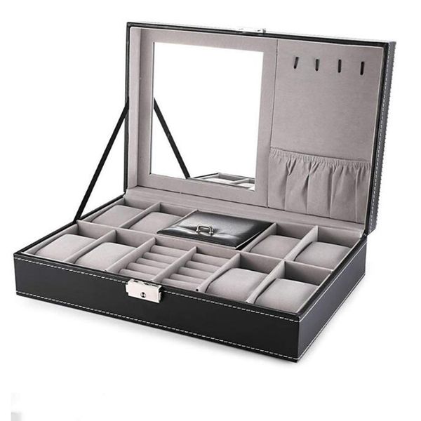 Caixas de joias Caixa de relógio de couro 8 organizador de relógios masculinos Gaveta de exibição de joias com trava Organizador de caixa de relógio 8 slots Bandeja de anéis com trava 230606