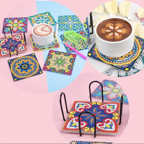 Stich 9pcs DIY Diamond Malerei Untersetzer mit Haltermatte Matte Weihnachten Mandala Blumen Drink Cup Cushion Diamond Stickkits