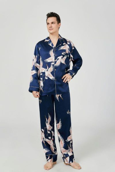 Pijamas masculinos de seda pura manga longa clássico gola com lapela estampado animal pijamas de luxo mancha sedosa