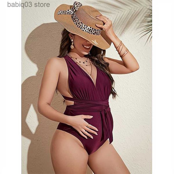 Costumi da bagno premaman New Sexy Donne incinte Costume da bagno senza schienale Donne premaman Solid Costume intero Costumi da bagno con scollo a V Summer Beach Wear Premama Costume da bagno T230607