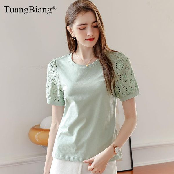Футболка TuangBiang, лето 2023, кружевные хлопковые футболки с короткими рукавами, жаккардовая женская повседневная одежда, классические топы с открытым вырезом и люверсами