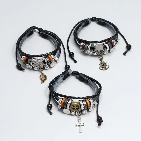 Kreatives handgefertigtes Perlen-Kreuz-Lederarmband, Retro-Trend, mehrschichtiges Armband