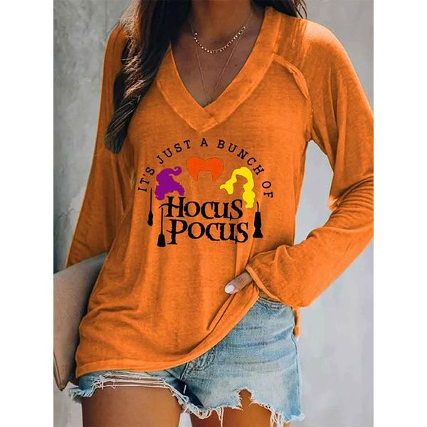 T-Shirts Rheaclot Halloween It's Just A Bunch Of Hocus Pocus Damen Sommer Lässiges Baumwoll-Grafik-Langarm-T-Shirt mit V-Ausschnitt