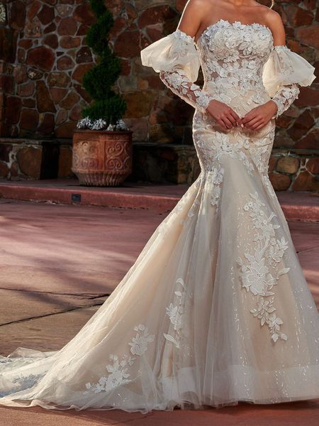 Abito da sposa a sirena fantasia Champagne con abiti da sposa senza spalline avorio Tulle su tulle con paillettes Vestibilità e svasatura Applique senza spalline con perline Paillettes Strascico da cappella