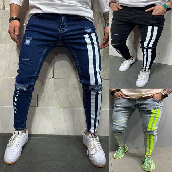 Erkek Kot Siyah ve Mavi Renkler Est Yay Yırtık Streç Sıska Moda Baskılı Pantalon Ropa Erkekler için 230606