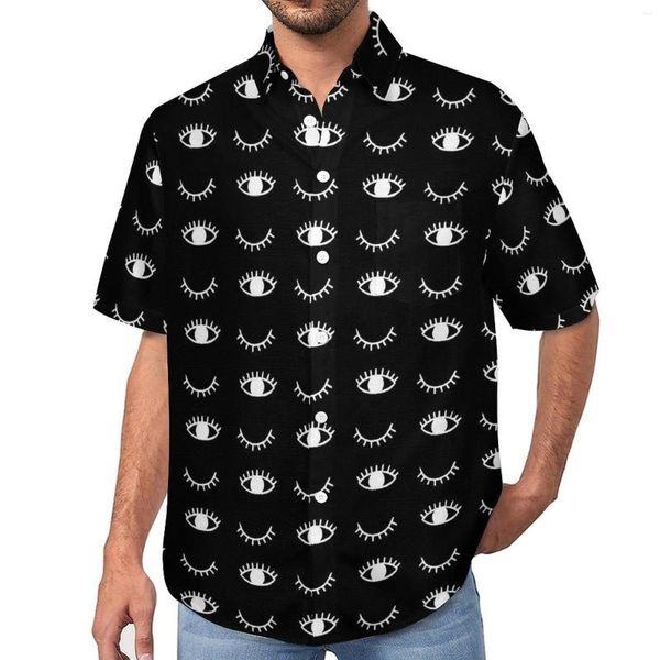 Camisas casuais masculinas Camisa com estampa de cílios Sleepy Eyes Praia Solta Blusas de verão Y2K Manga curta Roupas grandes personalizadas