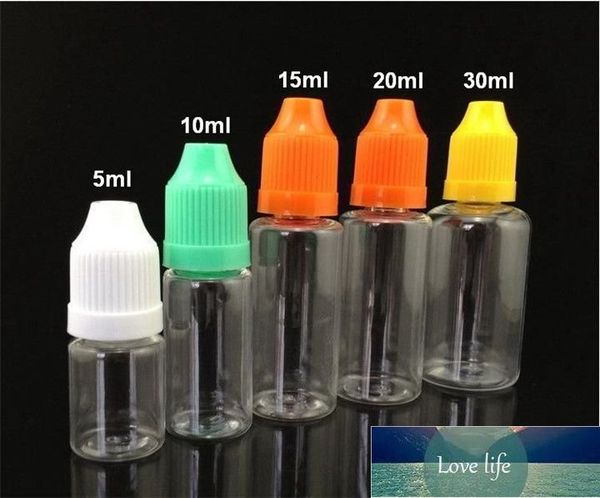 Yüksek kaliteli plastik eliquid şişe 5ml 10ml 15ml 20ml 30ml Pet Çocuk geçirmez Şişeler Uzun ve İnce İpuçları Ücretsiz DHL