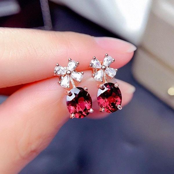Brincos Stud Little Clover Flowers Red Crystal Ruby Gemstones Diamond For Women 14k White Gold Silver Color Jóias Acessórios