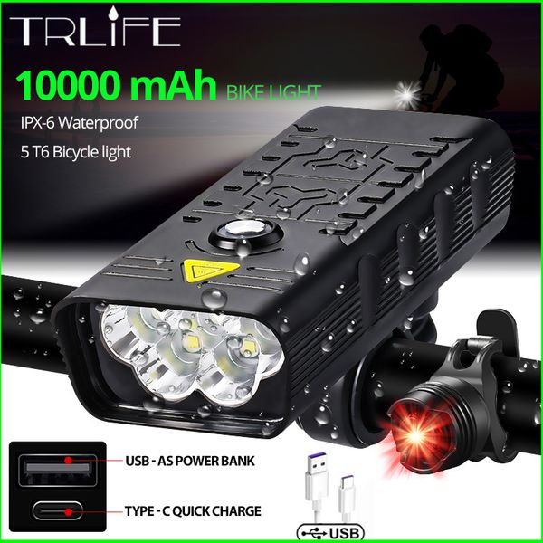 Fahrradbeleuchtung, 10.000 mAh, wiederaufladbares USB-Fahrradlicht, 5.000 Lumen, Fahrradscheinwerfer, 6T6 LED, superhelle Taschenlampe, Vorderlichter und Rücklicht, 230606