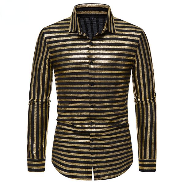 Herbst Neue Langarm herren Hemd Heißer Gold Luxus Mode Streifen Party Bankett Bühne Kleid Anzüge Hemd Männliche Kleidung