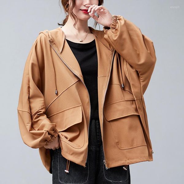 Damenjacken Korea Safari-Stil mit Kapuze Street Fashion Chic Mädchen-Damen Herbst-Outwear-Mäntel Reißverschluss lose Frauen Casual Frühling