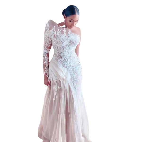 Appliques di pizzo retrò Abiti da sposa linea A Abiti da sposa Guaina Una spalla Arabia Saudita Illusion Sheer Manica lunga Tulle Sweep Train Primavera