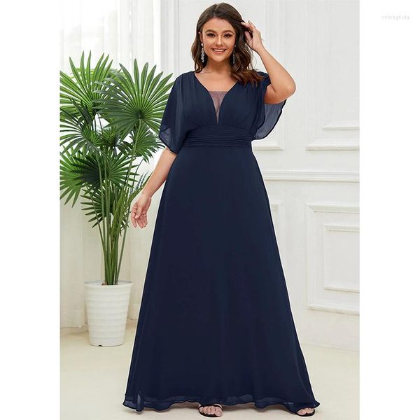 Plus Size Kleider 2023 Königsblau 4XL 5XL Chiffon V Kleid Hochzeit Lose Luxus Hals Spitze Damen Sommer Midi