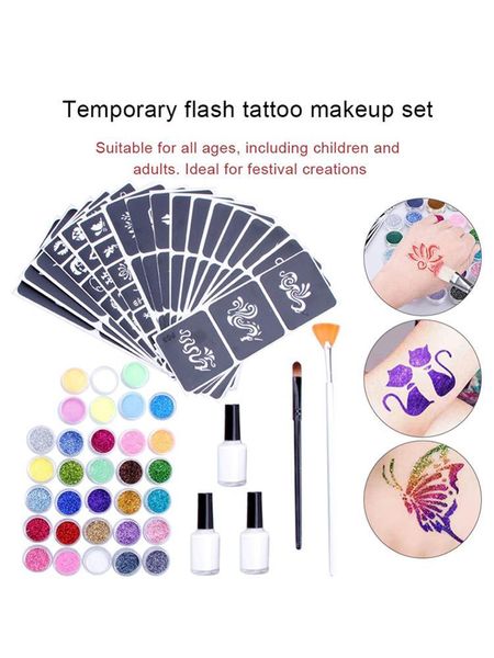 Pinsel Blitz Temporäres Tattoo Set Glitzer Tattoo Body Painting Kit Pinsel Kleber Schablonen für Teenager und Erwachsene Make -up -Körperkunstfarbe Kleber