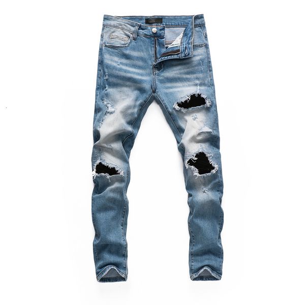 Herren Jeans Herren Jeans Loch Falte Straßenkleidung für Jungen Patch Slim Bleistifthose Skinny Blau Grau Reißverschlusstasche Top Qualität 230607
