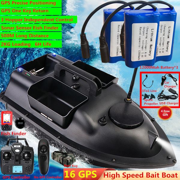 Barche elettriche RC 16 Punti GPS Ritorno intelligente 3 Tramoggia RC Barca da pesca Esca 500M 6H Schermo LCD Fish Finder Telecomando 230607