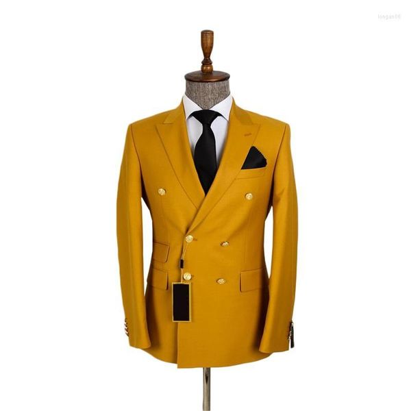 Ternos masculinos dourados 2 peças masculinos feitos sob encomenda bonito algodão primavera casamento blazer calças amarelas 2 botões formal vestido de festa calças casaco