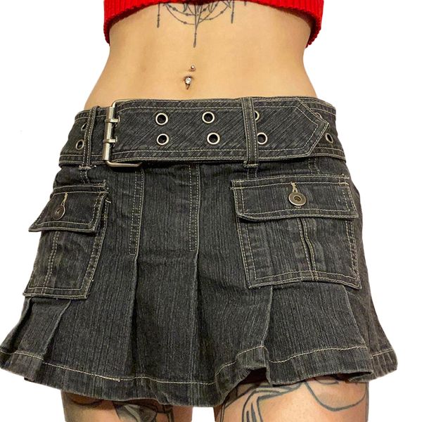 Saias femininas primavera verão Y2K estética cintura baixa mini saia jeans cor sólida plissada multibolsos com cinto anos 2000 roupas de clube 230607