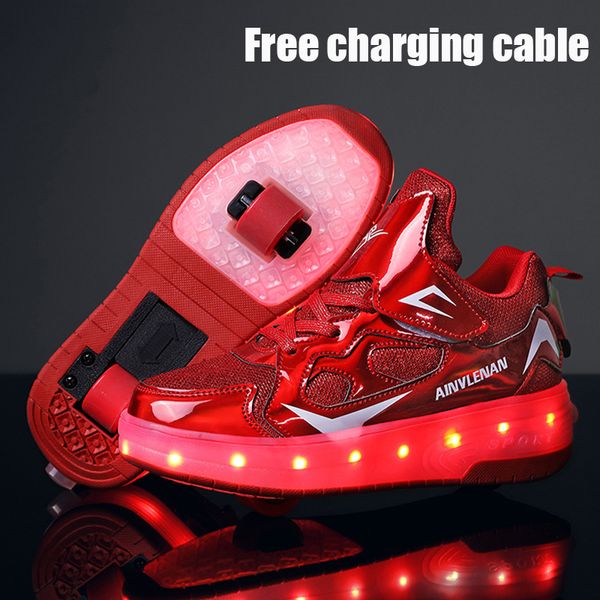 Turnschuhe Kinder One Two Wheels Luminous Glowing Sneakers Gold Pink Led Light Roller Skate Shoes Kids Led Shoes Boys Girls USB Charging 230606