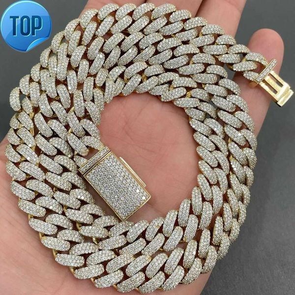 AAA Gems 12mm Moissanite Chain Link Chain 18K Over Silver Iced Out Chain 3 linhas Men Hip Hop Colar Colar Link