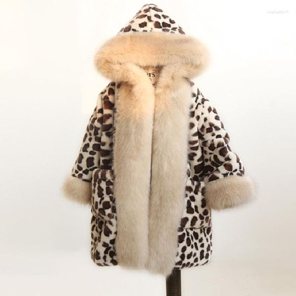 Jaquetas roupas para bebês, crianças, meninas, casacos de pele, inverno, moda, comprimento médio, jaqueta leopardo, para meninas, engrossar, roupas infantis quentes de 2 a 8 anos