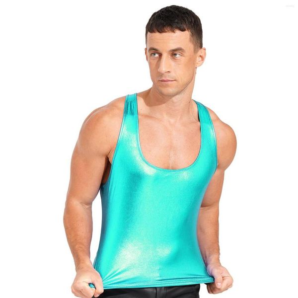 Erkek tank üstleri erkek u-boyun ve racer back cosplay clubwear parlak metalik yelek üst kolsuz ince uyuyor Camisole