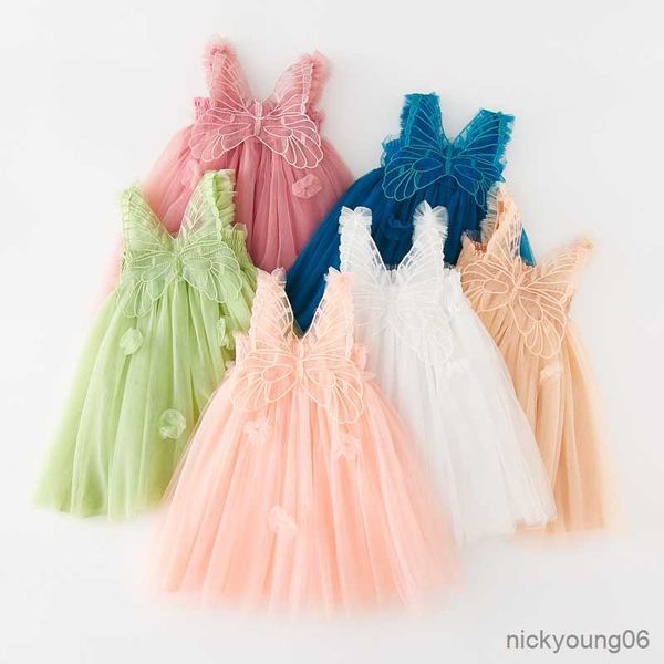 Vestidos de menina vestido de alça de aniversário para roupas de bebê menina verão 3D asas de anjo princesa malha fantasia de festa infantil R230607