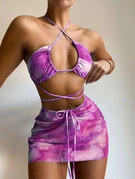 Roupa de banho feminina Bandeau Biquíni com estampa rosa Roupa de banho feminina Saias 3 peças Conjunto Halter String Maiô Feminino Sexy Maiô Biquínis de verão 230606