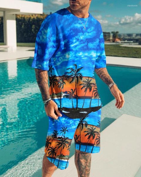 Agasalhos masculinos Estilo de férias Camiseta com estampa 3D Shorts Terno de calça Moda de verão Conjunto masculino de 2 peças Agasalho de treino casual manga curta Masculino