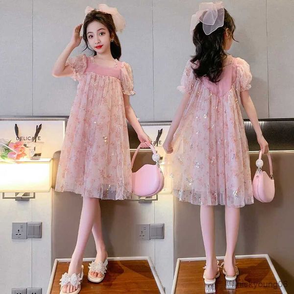 Девушки платья летние крупные девочки принцесса сетчатое платье дети розовый фиолетовый цветочный цветочный для стиля подходит 6-15 R230607