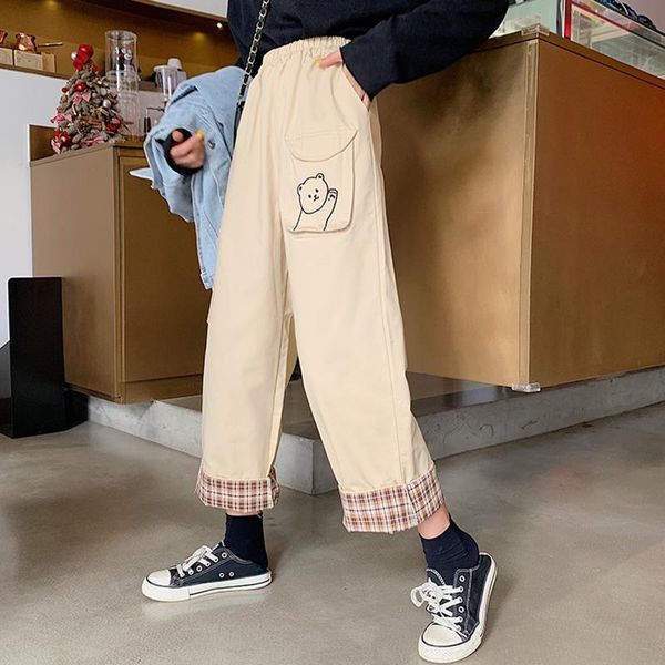 Pantolon Japon yumuşak kız yeni kolej tarzı sevimli küçük ayı düz kıvrımlı pantolonlar kayısı dokuz puan geniş bacak pantolon öğrencileri pantolon
