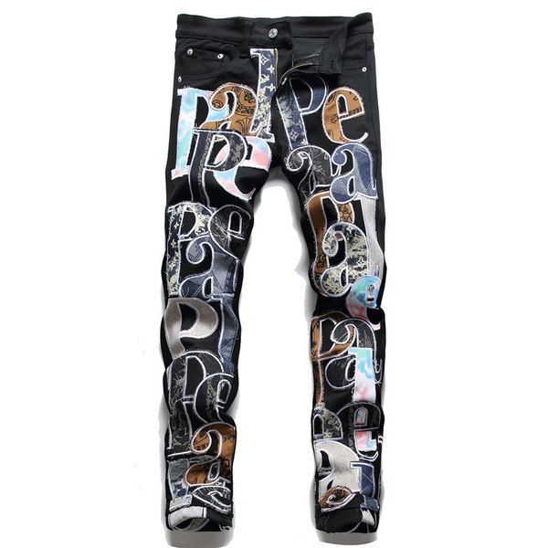 Jeans da uomo Light Luxury Stretch Lettere Ricami Decori Slimfit Nero Elegante Casual Giovani Sexy Cool Must; 230606