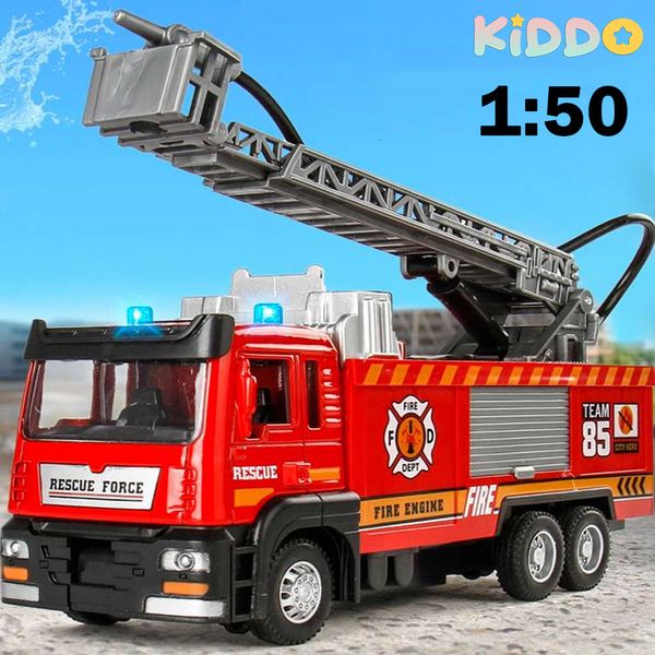 Druckguss-Modell 1/50 Feuerwehrauto, Legierung, Simulation, Sprinkler-Spielzeug mit Lichtmusik, Wasserspray, Rettungsauto, Kinder-Feuerwehrmann 230605