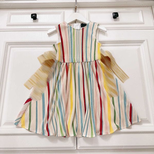 23ss Abiti da ragazza ragazze vestono abiti firmati per bambini Girocollo Lettera nastro fiocco abito in chiffon a righe arcobaleno Vestiti per bambini di alta qualità