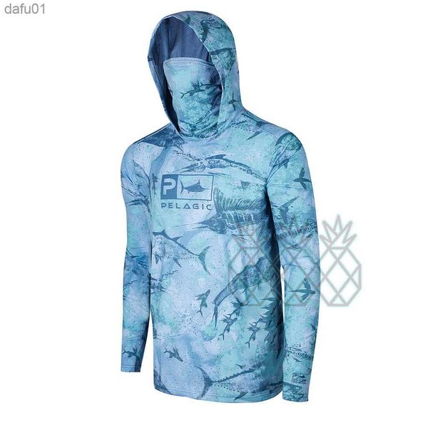 Pelagische Angeln Shirts Maske Sommer Outdoor Männer Langarm T Shirt Fisch Shirt Sonnenschutz Atmungsaktive Kapuze Angeln Kleidung L230520