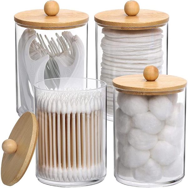 Scatola di stoccaggio dell'organizzatore in cotone per trucco organizzativo in cotone tamponi a sfera per cosmetici portaintena di stoccaggio Qtip con coperchio di bambù per bagno